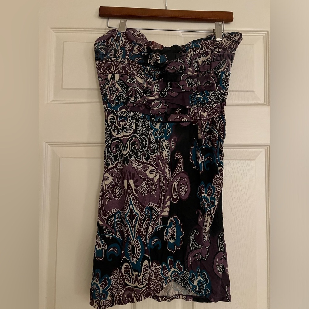 FREE PEOPLE Size L strapless purple paisley hippie dress rubber stay put bust!